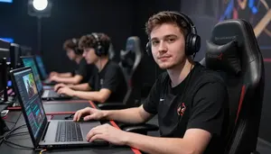 Game Tester Developing Video Game In An Esports Casting Booth In Professional