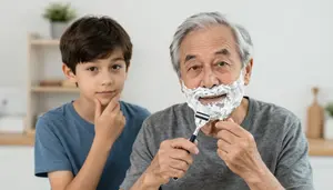 Grandfather Shaving With A Straight Razor While Grandson Watches And Learns