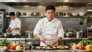 Grill Cook Preparing Dishes Professional A Busy Restaurant Kitchen