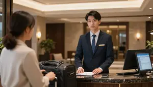 Guest Relations Assisting Guest Luggage At A Luxury Hotel Front Desk In