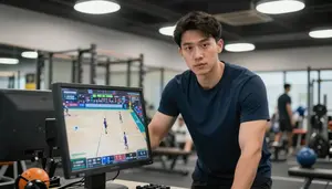 Gym Teacher Analyzing Game Footage In A Weight Training Room In Professional