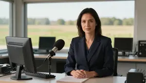 Tv Host Anchoring News Broadcast In A Radio Broadcast Booth In Professional