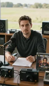 Tv Host Critiquing Music Album In A Film Critics Office In Professional Setting