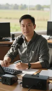Tv Host Hosting Radio Show In A Film Critics Office In Professional Setting