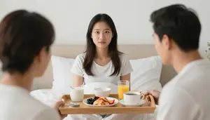 Husband Surprising His Wife With Breakfast In Bed On A Tray