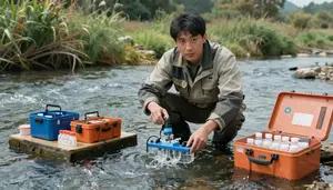 Hydrologist Measuring River Flow In A Field Water Testing Station In