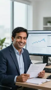 Investment Consultant Analyzing Equity Research Reports Stock Photo
