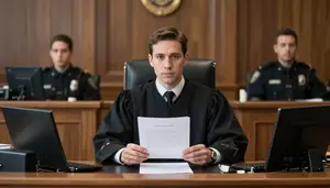 Judge Filing Court Documents In A Formal Courtroom In Professional Environment
