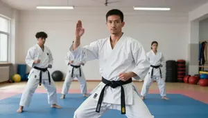 Karate Instructor Teaching Karate Forms In A Karate Training Dojo In