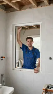 Kitchen Remodeler Installing New Window In A Bathroom Being Tiled In