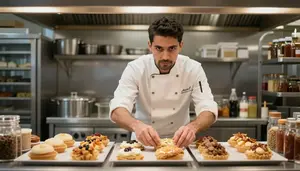 Line Cook Arranging Pastries Display In A Busy Restaurant Kitchen In