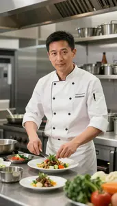 Line Cook Preparing Dishes Professional In A Restaurant Kitchen During Service