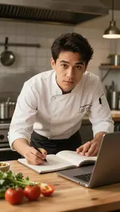 Line Cook Writing Food Review At A Restaurant Table Reviewing A Menu In
