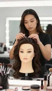 Makeup Artist Styling Wig Mannequin In A Makeup Artistry Studio In Professional
