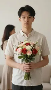 Man Holding A Bouquet Nervously Waiting For His Blind Date To Arrive