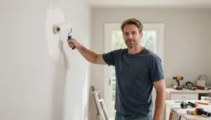 Mason Painting Wall Roller In A Home Kitchen Being Remodeled In Professional