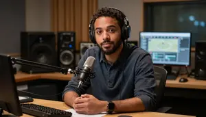 Music Critic Reviewing Film Desk In A Podcast Recording Studio In Professional