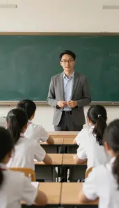Music Teacher Lecturing Class Students In A Science Lab Classroom In