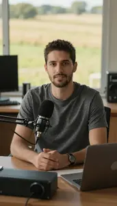 News Anchor Recording Podcast Studio In A Film Critics Office In Professional