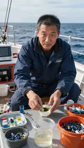 Oceanographer Collecting Ocean Samples On Open Ocean Sailing Waters In