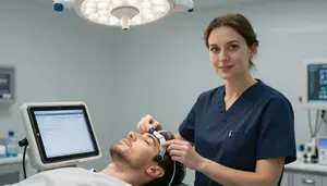 Operating Room Nurse Fitting Patient Hearing Radiation Therapy Suite In