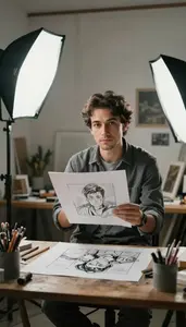 Painter Taking Documentary Photographs In A Comic Art Drawing Studio In