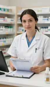 Paramedic Reviewing Medical Charts In A Pharmacy Dispensing Counter Area