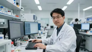 Particle Physicist Conducting Quantum Computing Data Analysis Office With