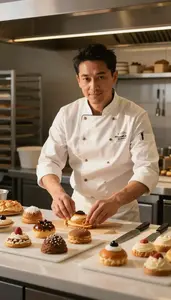 Pastry Chef Arranging Pastries Display A Pastry Kitchen Display Area