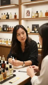 Perfumer Consulting Client Fragrance In A Fragrance Boutique Consultation Area