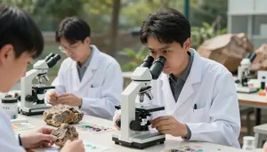 Petrologist Studying Rock Petrology In A Geological Field Study Site In