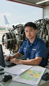 Co Pilot Repairing Aircraft Engine In An Aviation Dispatch Office In