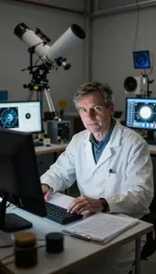 Planetary Scientist Analyzing Telescope Images In An Astronomical Observatory
