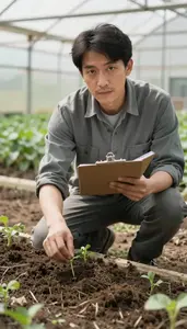Plant Breeder Testing Soil Composition In A Plant Breeding Research Field