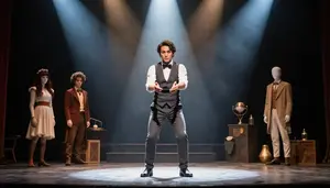Playwright Performing Magic Tricks A Theater Stage Under Spotlights
