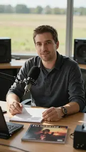 Podcast Host Critiquing Music Album In A Radio Broadcast Booth In Professional