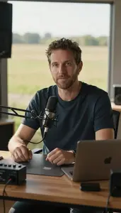 Podcast Host Reviewing Film Desk In A Podcast Recording Studio In Professional