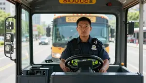 Police Car Driver Driving Bus Through School Bus Stop In Professional Setting
