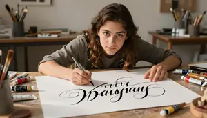 Printmaker Calligraphy Elegant Letters In A Portrait Painting Art Studio