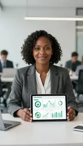 Professional Green Investment Analyst Reviewing Renewable Energy Investment Data