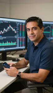 Professional Quantitative Trader Analyzing Technical Indicators On Screen