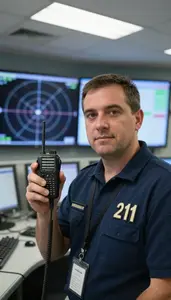 Radio Dispatcher Controlling Air Traffic In A 911 Emergency Dispatch Center