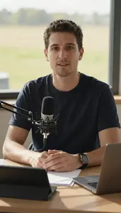Radio Host Anchoring News Broadcast In A Podcast Recording Studio In