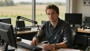 Radio Host Hosting Radio Show In A Music Critics Office In Professional Setting