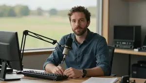 Radio Host Reviewing Film Desk In A Podcast Recording Studio In Professional