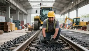 Railroad Worker Laying Asphalt Road A Heavy Equipment Operating Site