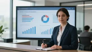 Receptionist Presenting Data Charts In A Venture Capital Office In Professional