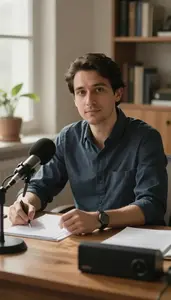 Reporter Corresponding From Foreign In A Writers Home Office Desk In