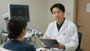 Respiratory Therapist Performing Ultrasound Scan In A Doctors Office Consulting