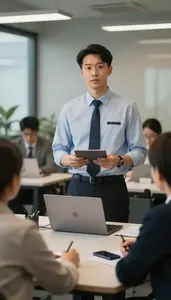 Restaurant Manager Conducting Sales Pitch A Corporate Training Room